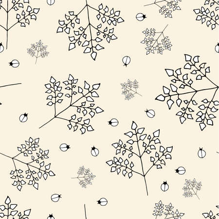 Hand Drawn Nature Pattern. Black and White Eco Seamless Vector Texture with Plants and Insectsのイラスト素材