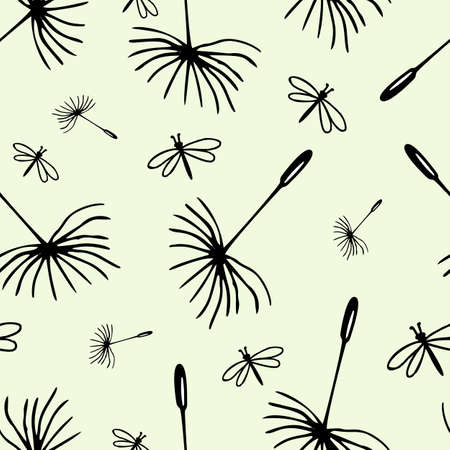 Hand Drawn Nature Pattern. Black and White Eco Seamless Vector Texture with Plants and Insectsのイラスト素材