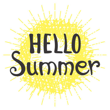 Phrase Hello Summer Vector Illustration. Happy Season Background for Design. Summer Lettering in Hand Drawn Styleのイラスト素材