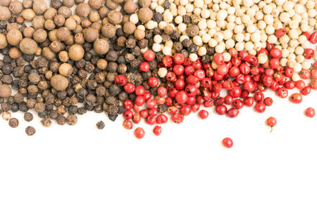 Pepper Seeds or Pepper Corns Collection Isolated on White Backgroundの写真素材