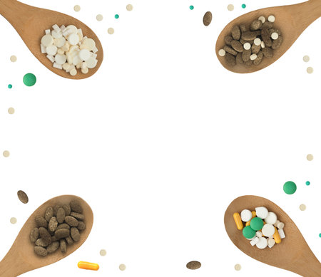 Many Colorful Pills or Drugs on White Background Top View. Pharmaceutical Medicine Painkiller Pills Isolated with Place for Textの写真素材