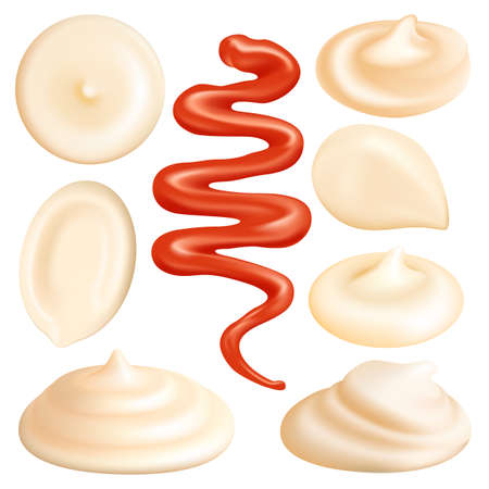 Collection of realistic handful cream or mayonnaise swirl and tomato ketchup line isolated on white background. Vector 3d illustrationのイラスト素材