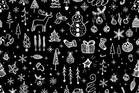 Christmas doodle pattern with hand drawn deer, Christmas tree, gingerbread, Christmas toys, snowman,...