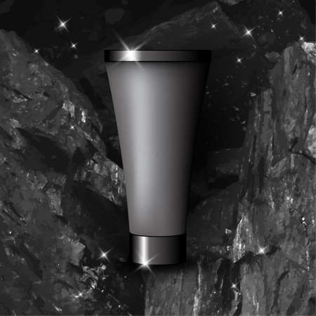 Charcoal mask in black tube. Cosmetic product design template. Realistic tube packaging. 3d vector illustrationのイラスト素材