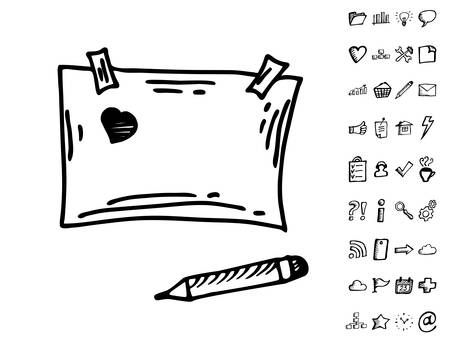 Hand drawn doodle note paper and business Icons. Vector cartoon sheet of paper isolated on white backgroundのイラスト素材