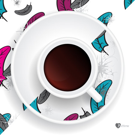 Cup of Coffee on Saucer with Hand Drawn Feather Patternのイラスト素材