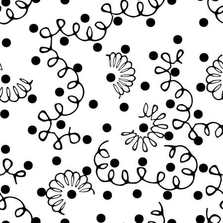 Curly seamless pattern with elements of Memphis design. Endless black and white vector illustration.のイラスト素材