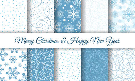 Snowflake patterns vector collection. Snow backgrounds. Xmas textures for Christmas wrapping design. Happy New Year illustration.のイラスト素材