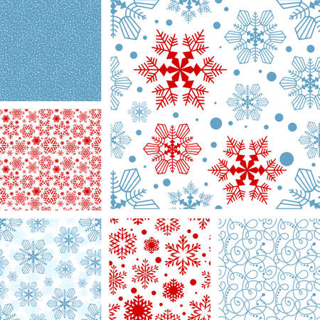Snowflake patterns vector collection. Seamless snow backgrounds. Xmas textures for Christmas wrapping design. Happy New Year illustrationのイラスト素材