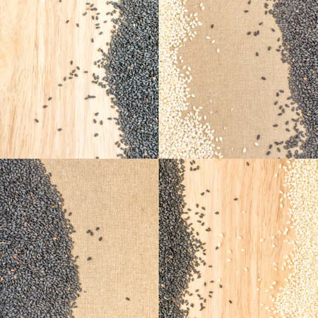 Heap of Black and White Organic Sesame Seeds on Wooden and Linen Background with Space for Textの写真素材