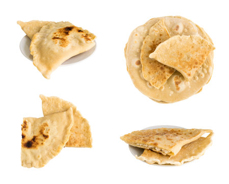 Plain Wheaten Samosa Tortilla or Cheburek with Chicken Meat. Homemade Calzone Isolated on White Backgroundの写真素材