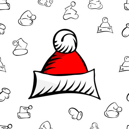 Christmas Hat Doodle Seamless Pattern. Hand Drawn Vector Illustrationのイラスト素材