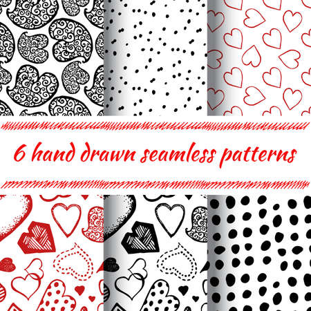 Valentine Day Background Collection with Dots and Hearts. Set of Hand Drawn Patterns. Romantic Textures Templatesのイラスト素材