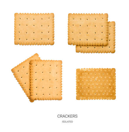Golden biscuits isolated on white background. Crackers or Cookies seamless pattern. Dry square crackers top viewの写真素材