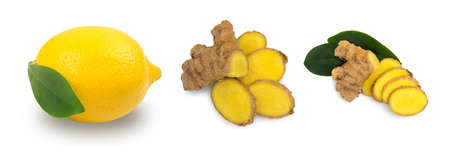 Sliced Ginger Root and Lemon Isolated on White Background. Ingredients for Spice Teaの写真素材