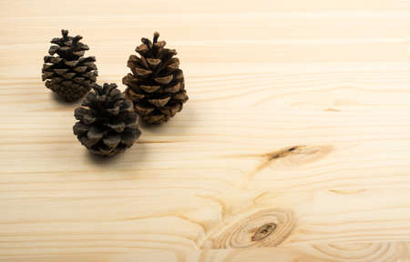 Three Old Brown Pine Cones on Wooden Background. Dry Pinecones with Place for Textの写真素材