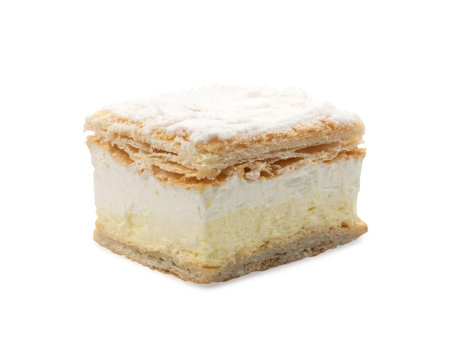 Cake with White Cream Isolated. Puff Pastry. Clipping Path
