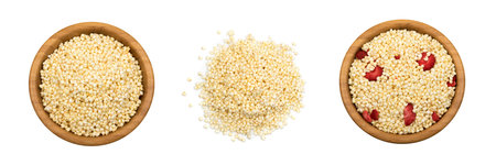 Puffed Millet Snack in Wooden Round Bowl Isolated. Healthy Cereal Vegetarian or Vegan Food