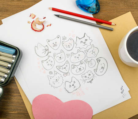 Mock Up or Mockup with Cat Drawing. Creative Clutter on the Table. Artist Workplaceの写真素材
