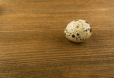 Quail Egg on Wooden Rustic Background Top View. Whole Bird Egg with Place for Textの写真素材
