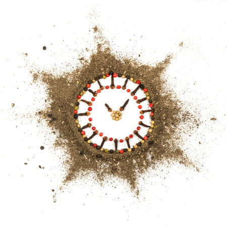 Ground Black and Red Pepper. Food Art. Spices Looks like Clock. Time for Spicy Food Concept