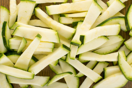 Chopped Zucchini Background. Sliced Squash Texture Top View and Flat Layの写真素材