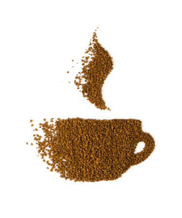 Instant Coffee Granules or Powder in Shape of Coffee Cup Isolated on White. Delicious Granulated Drink Top Viewの写真素材