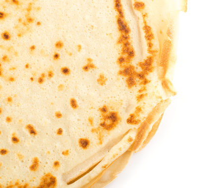 Thin Pancakes or Tortilla Isolated on White Background Top View. Fresh Homemade Crepes or Flatbread...