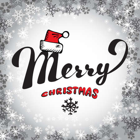 New Year Background with Hand Drawn Merry Christmas Text and Snowflakes Borderのイラスト素材