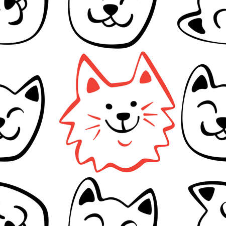 Seamless Pattern with Hand Drawn Cats. Funny Cat Emoticons Background.のイラスト素材