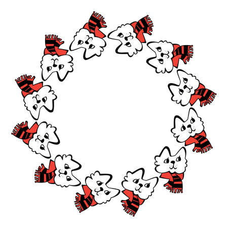 Round Frame with Hand Drawn Cats. Funny Cat Emoticons Background.のイラスト素材