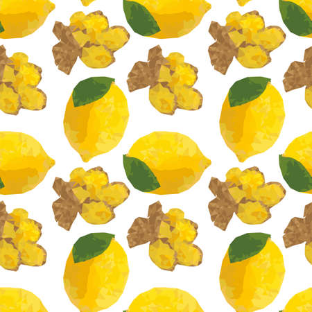 Lemon Seamless Pattern with Mosaic Effect. Polygonal Yellow Tropical Fruit Texture.のイラスト素材