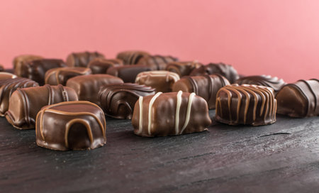Beautiful Creative Chocolate Sweets on Natural Black Stone Background. Mix of Chocolates with Place...