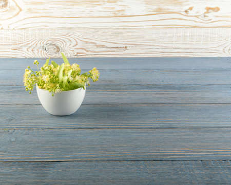 Linden Flowers on Wooden Background. Beautiful Summer Bouquet over Wood Table Texture. Tilia Blossom with Place for Textの写真素材