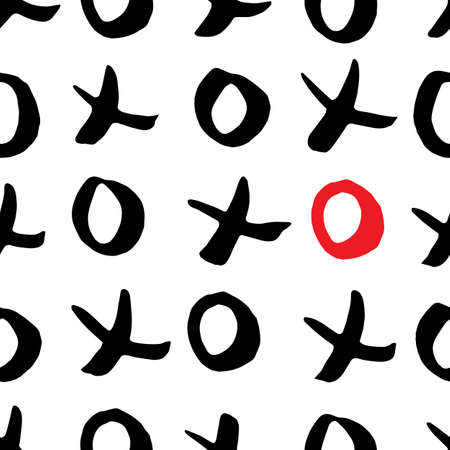 Black and white hand drawn seamless pattern with x and o symbols on white background. Endless grunge backdrop with repeating cross and zero or xo sign, ink strokes vector illustrationの写真素材