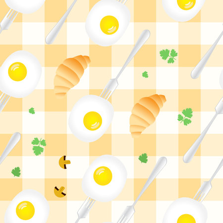 Breakfast Seamless Pattern in Flat Cartoon Style. Fried Eggs, Mushrooms, Parsley, Coffee, Croissants on Gingham Backgroundのイラスト素材