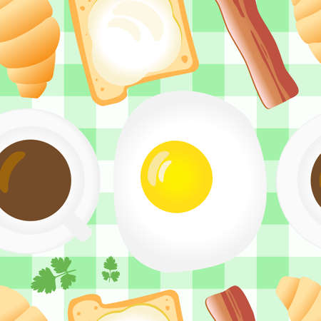 Breakfast Seamless Pattern in Flat Cartoon Style. Fried Eggs, Bacon, Parsley, Coffee, Croissants, Bread and Butter on Gingham Backgroundのイラスト素材