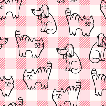 Doode Cute Seamless Pattern with Cat on Gingham Background. Little Kittens Baby Cartoon Endless Print. Kid Fabric Tamplate with Big and Little Cats on Traditional Checkered Backdropのイラスト素材