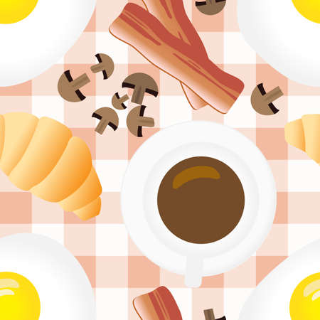 Breakfast Seamless Pattern in Flat Cartoon Style. Fried Eggs, Bacon, Mushrooms, Coffee, Croissants on Gingham Backgroundのイラスト素材