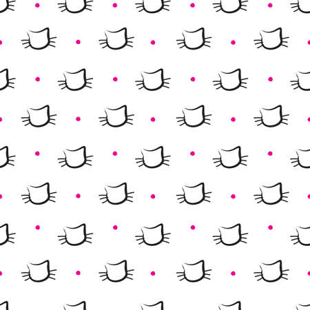Hand Drawn Cats Vector Seamless Pattern. Doodle Cat Heads Endless Background for Trendy Fabric Textile Design or Web Wallpaperのイラスト素材