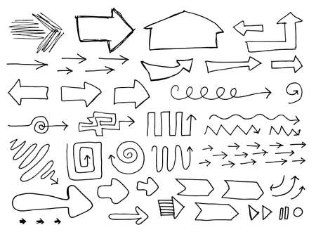 Set of Hand Drawn Sketchy Arrows Isolated on White Baclground. Handdrawn Artistic Vector Arrow Collection or Doodle Sketch Direction Elements for Business and Web Designのイラスト素材