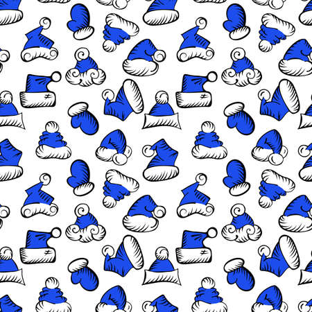 Santa Claus Hats Christmas Seamless Pattern for Holiday Packaging or Wrapping Design. Hand Drawn New Year Xmas Vector Illustration with Funny Sketch and Doodle Elementsのイラスト素材