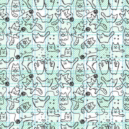 Doode Cute Seamless Pattern with Cat on Gingham Background. Little Kittens Baby Cartoon Endless Print. Kid Fabric Tamplate with Big and Little Cats on Traditional Checkered Backdropのイラスト素材