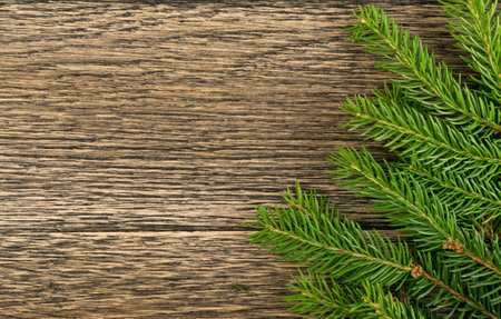 Christmas background with fir branches on wooden backdrop flat lay and top view. Yuletide floral...