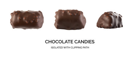 Beautiful Chocolate Sweet Candy Top View Isolated on White Background. Different Angles Macro Photo...