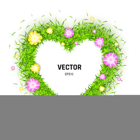 Natural Eco Bio Love Vector Symbol. 3d Vector Illustration of Heart Made of Green Grass and Flowers Isolated on White Backgroundのイラスト素材