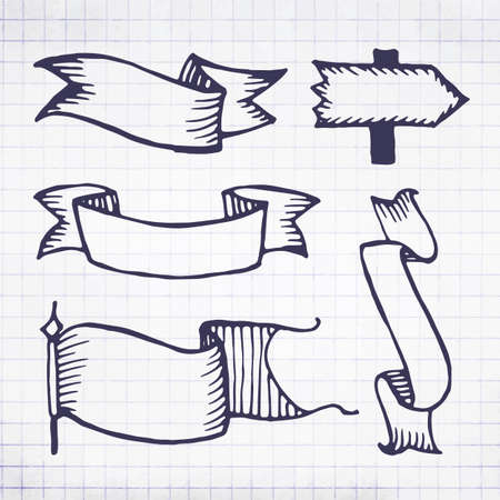 Vector hand drawn retro sketch ribbons on notebook sheet. Collection of different graphic vector elements in doodle styleのイラスト素材