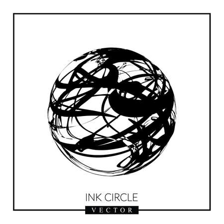 Abstract vector 3d shape or planet sphere illustration with doodles. Black and white circle logotype with thin line ink strips for business designのイラスト素材