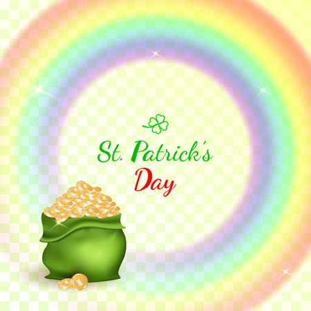 St Patricks day pot of gold with Irish rainbow. Realistic vector illustration of Leprechaun treasure and rain bow for St Patrick with place for textのイラスト素材