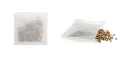 Whole dried dill, fennel or anethum seeds in teabag for therapeutic tea close up and top viewの写真素材